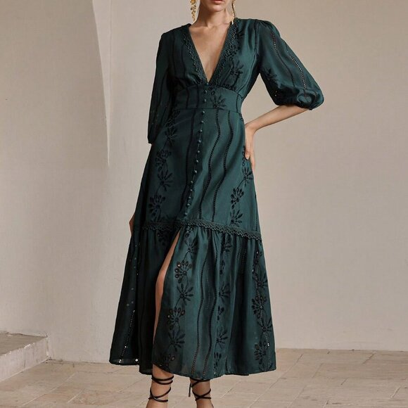 Dark Green Elegant Women's V-Neck Slit Lace Embroidered Long Dress - Picture 7 of 7